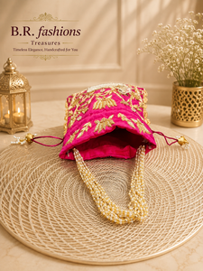 B.R. FASHIONS Beautifully Handcrafted Silk <b>Clutch</b> Satin Lining Drawstring Closure Ring Strap Cow Theme <b>Hot</b> Pearls Wedding - Product Image 5