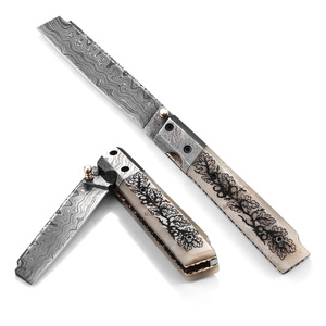 Cuchillo Plegable de Acero de Damasco de Grado Industrial Profesional Personalizado - Mango de Hueso de Camello con Grabado Láser - 19 cm de Longitud Total - Product Image 1
