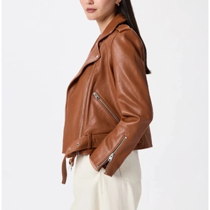 Chaqueta de Motociclista de Cuero Genuino Personalizada para Mujer, Chaqueta de Moto Marrón, Ajustada, con Cierre y Cinturón, OEM ODM - Product Image 2