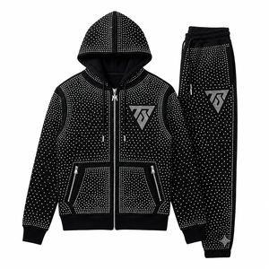 Men <b>Black</b> Rhinestone Tracksuit Full <b>Zip</b> <b>Hoodie</b> and Jogger Pants Two Piece Streetwear Set with Pockets - Product Image 5