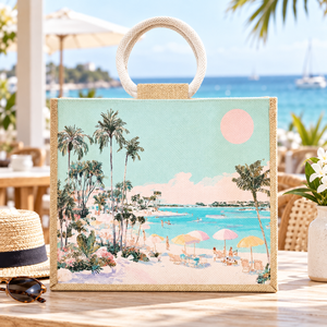 กระเป๋าหูหิ้วทรงกลมพิมพ์ลายดิจิทัลลายชายหาด - 38x30x15 ซม. สีธรรมชาติ โลโก้สั่งทำได้ คุณภาพส่งออกจากโรงงานโดยตรง ใช้สำหรับชายหาด แบรนด์ส่วนตัว - Product Image 4
