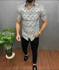 Men Premium Cotton <b>Half</b> Sleeve Geometric Print <b>Shirt</b> Cuban Collar Regular Fit <b>Button</b> Closure Casual Beach Resort Summer Fashion - Product Image 3