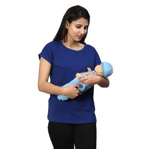 T-shirt noir à manches courtes pour femme avec poche d'allaitement, coupe ample, col rond, en coton tricoté, toutes saisons, couleur unie - Product Image 6