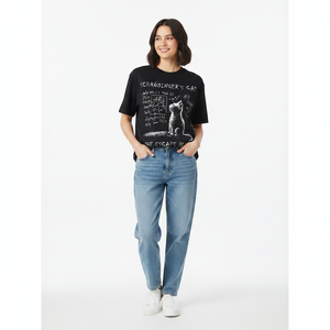 Camiseta gráfica de física del Gato de Schrödinger para mujer, divertida camiseta de ciencia para nerds, camiseta informal de algodón negro de primera calidad, camisetas de mujer de talla grande - Product Image 1