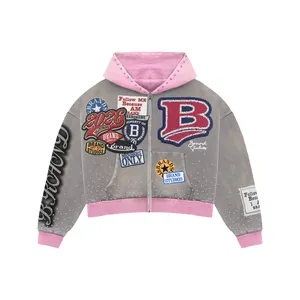 <b>Grey</b> Pink Patchwork Studded Cropped Zip Hoodie | Heavy Graphic Collage Oversized Streetwear <b>Jacket</b> | Custom OEM Apparel - Product Image 1
