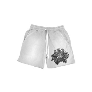 Shorts femme en coton French Terry premium 380 GSM, gris clair, effet délavé, impression puff, logo brodé personnalisé. - Product Image 1