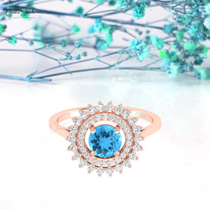 Anillo de compromiso Chordia Jewels de oro sólido de 14k con topacio azul suizo y halo de diamantes para mujer, estilo floral vintage, joyería fina con piedras preciosas. - Product Image 3