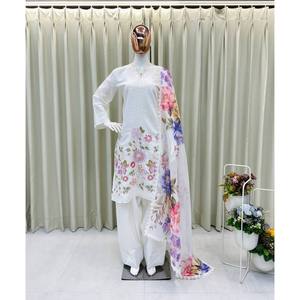 Magnifique ensemble haut-bas et dupatta pour tenue de soirée, 100% coton, taille XL, tissu en mousseline - Product Image 4