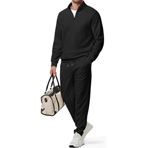 Ensemble de survêtement décontracté pour homme, noir, avec sweat-shirt à col montant zippé à quart de tour et pantalon de jogging, sans coutures, respirant, tricoté, pour l'hiver - Product Image 1
