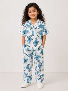 Ensemble coordonné pour filles, vêtements pour enfants, imprimé abstrait, comprenant une chemise à manches courtes à col et boutons et un pantalon long assorti - Product Image 1