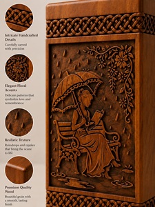 Hand Carved American Style Wooden Pet & Baby <b>Memorial</b> Urn Woman Under Umbrella Keepsake <b>Box</b> - Product Image 6