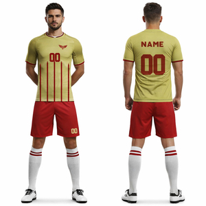 ชุดยูนิฟอร์มฟุตบอลแบบกำหนดเองสำหรับผู้ชาย ชุดเสื้อฟุตบอล ระบายอากาศ แห้งเร็ว ชุดทีมสำหรับฝึกซ้อม ชุดกีฬา ดีไซน์สีแดงทอง - Product Image 2
