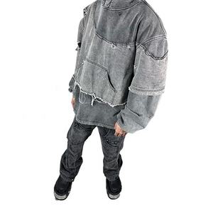 Kafany Garment Custom Streetwear Ripped Hoodies <b>Men</b> Stone Acid Wash Double Layer Raw Hem Distressed <b>Hoodie</b> - Product Image 5