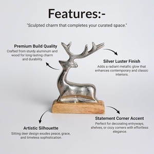 Sculpture décorative de cerf finition argentée sur socle en bois - Élégante figurine de cerf assis pour la décoration de Noël et de la maison - Product Image 6