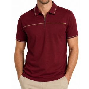Polo pour homme de haute qualité, couleur bordeaux, avec fermeture éclair, passepoil crème, anti-humidité, style streetwear - Product Image 1