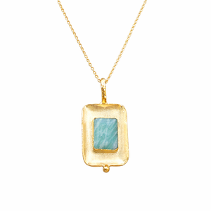 Nouveau collier empilable en amazonite naturelle rectangulaire, avec pendentif en laiton massif et monture plaquée or 18 carats, idéal pour les soirées. - Product Image 1