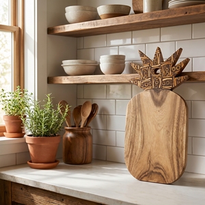 Tabla de servir grande de madera de suar de grado alimenticio con incrustaciones de coco y bambú, sin barnizar, hecha a mano, arte artesanal de Bali - Product Image 3