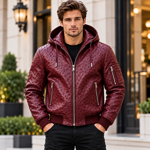 Men’s Burgundy Ostrich Leather Hooded Bomber <b>Jacket</b> – Premium Leather <b>Zip</b>-<b>Up</b> <b>Jacket</b> with Ribbed Cuffs and Multiple Pockets - Product Image 1