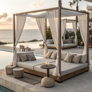 Luxury Teak Wood Outdoor Canopy Daybed Modern Double <b>Sunbed</b> Cabana Lounge Chair with Curtains for Hotel Pool - Product Image 1