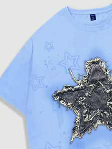 Camiseta Personalizada para Hombre, Estilo Oversize, Color Azul Claro, con Apliques de Estrellas, Algodón, Estilo Urbano, Logotipo Personalizado, 240 GSM - Product Image 3