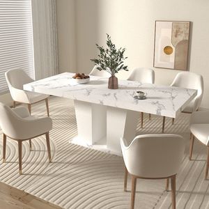 Tavolo da pranzo allungabile in finto marmo bianco moderno 6-10 posti tavolo da cucina espandibile in legno tavolo da pranzo a doppia colonna - Product Image 1
