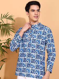 Kurta Corta Azul de Algodón para Hombre con Estampado Artesanal, Cuello Nehru, Diseño Sólido y Moderno, Mangas Largas, Prenda Étnica Global - Product Image 4