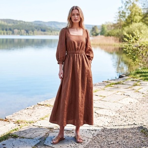 Robe midi élégante en coton 100% faite à la main avec manches cloche et taille élastique, idéale pour l'été, avec poches, tenue décontractée pour les vacances - Product Image 1