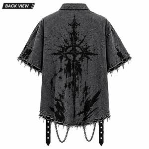 Mens Distressed <b>Gothic</b> Chain Short Sleeve Anti-Wrinkle 100% Cotton Button-Up <b>Shirt</b> Punk Streetwear Oversized Casual - Product Image 2