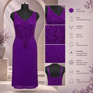 Deep Purple Beaded Sheath Mini <b>Dress</b> | V-Neck Sleeveless Fitted Evening <b>Dress</b> Diamond Lattice Embellishment Cut-Out Back 100% - Product Image 5
