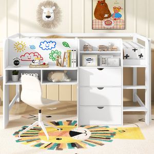 Letto a soppalco basso bianco a una piazza e mezza con scrivania integrata, armadietti contenitori, libreria aperta e lavagna bianca per graffiti - Letti per bambini ETA 7/8 - Product Image 2
