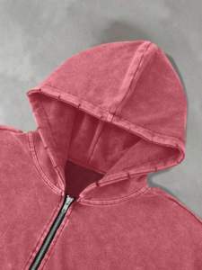 Sweat-shirts oversize délavés à l'acide pour hommes, à fermeture éclair, double capuche, style vintage, épaules tombantes, manches longues - Product Image 3