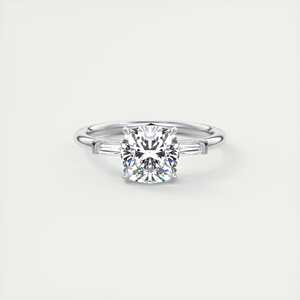 Anillo de compromiso de tres piedras con diamante cultivado en laboratorio de corte cojín de 2.15 quilates y piedras laterales de baguette en oro blanco de 14K para novias - Product Image 2