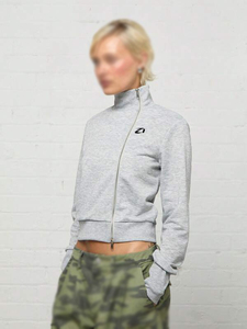 OEM ODM Women's Light Gray Cropped Zip <b>Jacket</b> Cotton Fleece Asymmetric Design Stand Collar Casual Outerwear Hoodies Custom Logo - Product Image 2