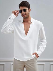 เสื้อเชิ้ตคอกลมแบบมีปกสำหรับผู้ชาย เสื้อเชิ้ต The Sculpted Notch Resort เสื้อเชิ้ตแขนยาวทรงเรขาคณิตแบบ V-Placket - Product Image 4