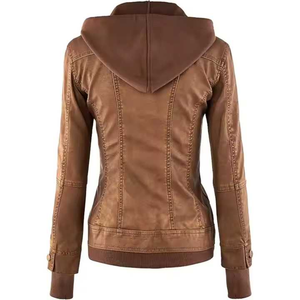 Women's PU Leather Slim Fit Short Motorcycle Jacket Hooded Full Sleeve <b>Zipper</b> Closure Solid Color Autumn Wear - Product Image 2