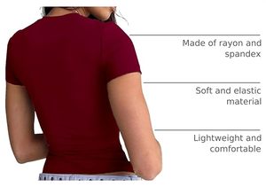 T-shirt en jersey de coton pour femme, col rond, manches courtes, coupe ajustée, couleur unie bordeaux, respirant, toutes saisons - Product Image 3