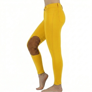Women's <b>High</b> Waist Yellow Riding Pants With <b>Knee</b> Patches Full Length Four-Way Stretch Cotton Spandex Breeches - Product Image 1