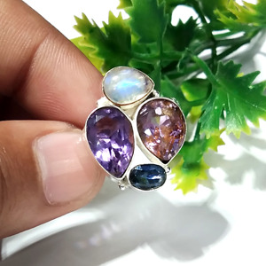Natural Amethyst Moonstone Blue Kyanite 925 Sterling <b>Silver</b> Multi Gemstone Bohemia Style Third Party Certified <b>Statement</b> <b>Ring</b> - Product Image 5