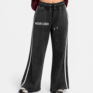 Pantalones Deportivos Anchos de Mujer, Color Negro, Lavado Ácido, Cintura Elástica, Estilo Casual Urbano, Ecológicos, Transpirables, de Algodón y Felpa - Product Image 1
