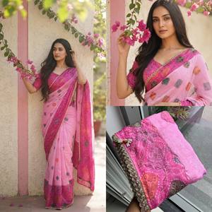 Pink Digital Printed Silk Saree With Embroidered Border For Women Traditional Wedding Wear India Pakistan - Product Image 5