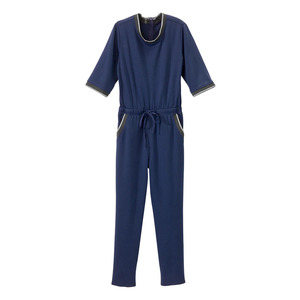 Women Medical Scrubs <b>Jumpsuit</b> Navy Blue Knitted Cotton Blend Hospital Uniform <b>with</b> Drawstring Waist and Side <b>Pockets</b> - Product Image 1