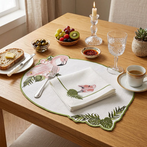 Custom Handmade Embroidered Luxury Flamingo Leaves Napkin Sets Place Mats White Linen Washable Oval Mats Weddings Home Events - Product Image 1