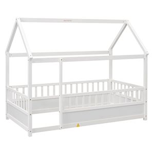 Letto a castello singolo in legno bianco con tetto a casetta e sponde di sicurezza per bambini - Product Image 6