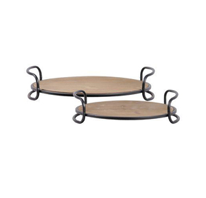 Contemporary Wooden And Iron Serving Tray With Carved Surface Detailing And Modern Display <b>Aesthetic</b> - Product Image 1