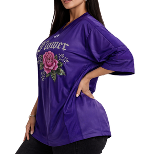 Oversized Custom Luxury Women's <b>Mesh</b> American Football Jersey T-shirts <b>Rhinestone</b> Floral Graphic Polyester Streetwear Style <b>Tops</b> - Product Image 5