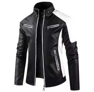 <b>Men's</b> Genuine <b>Leather</b> Moto <b>Jacket</b> Stand Collar Zipper Closure Slim Fit Color Blocking Autumn Style Waterproof Casual Regular - Product Image 2