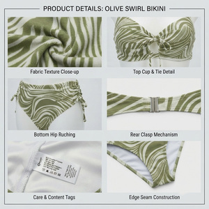 Ensemble bikini côtelé vert pour femme, haut triangle à col ras du cou, bas échancré, bordure contrastante, en Spandex et Polyester extensible, écologique - Product Image 4