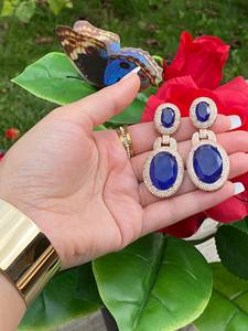 Natural Blue Sapphire Earrings Madagascar 925 Sterling <b>Silver</b> 14K Gold Plated Vermeil Luxury Statement Jewelry - Product Image 3