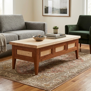 Mesa de Centro Rectangular de Dos Tonos con 3 Paneles de Cajones Incrustados, Patas Cónicas, Mesa de Almacenamiento Central de Madera Maciza, Mesa de Cóctel de Mediados de Siglo - Product Image 3