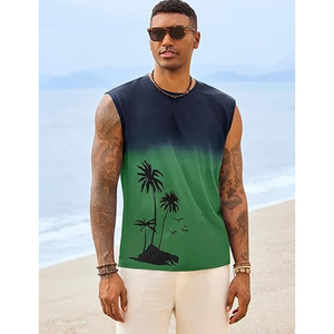 Men's Gradient Sleeveless Tank Top O-Neck Palm <b>Tree</b> Print Casual Breathable Knitted Polyester Shirt - Product Image 3